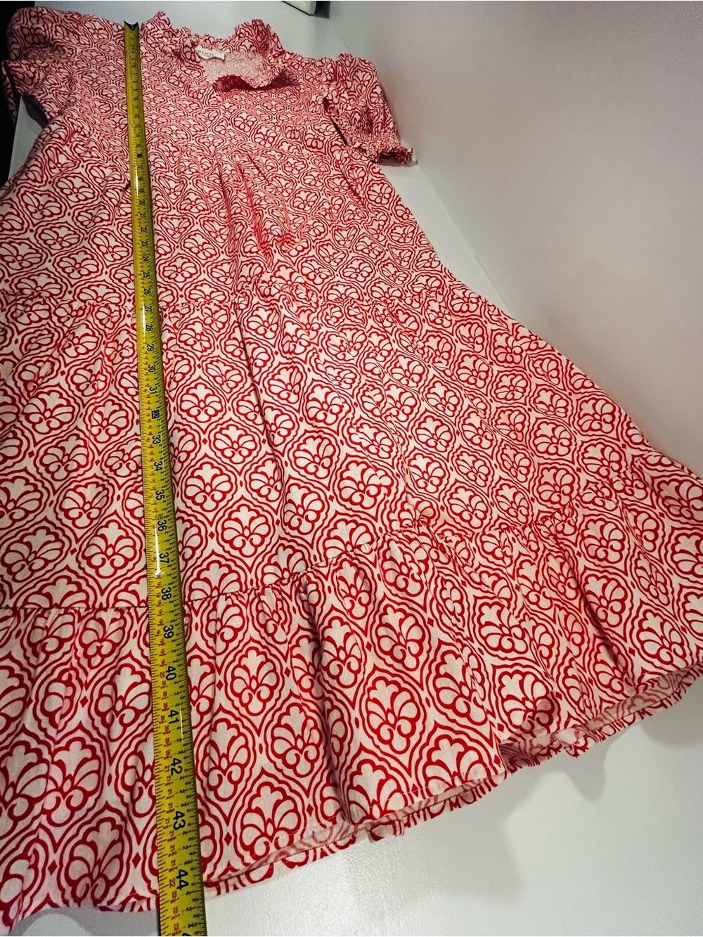 Hyacinth House Tuckernuck Dress M Red White Floral Tiered Midi Puff Sleeve - Picture 8 of 12